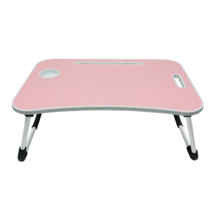 Masa pentru laptop DacEnergy©, 2 picioare din metal, blat din MDF, plianta, elemente din material plastic, 60 x 40 x 27 cm, roz