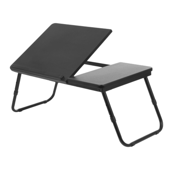 Masa pentru laptop DacEnergy©, structura din teava metalica, blat din MDF vopsit negru, inclinabil, reglabil pe inaltime, 60 x 35 x 27.5 cm