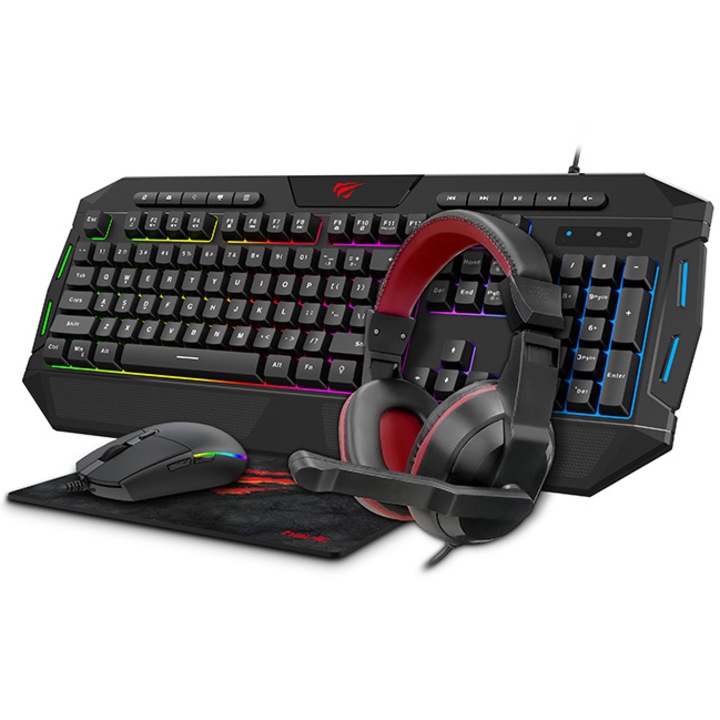 Комплект gaming 4 в 1, клавиатура, мишка, подложка за мишка и слушалки gaming HAVIT KB501CM, USB/3.5 щепсел, 19 anti-ghosting клавиша, US оформление, черен