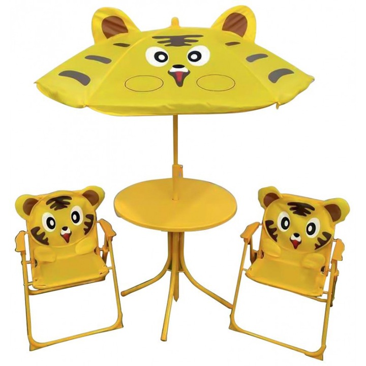 LEQ MELISENDA Gyerek kerti szett tigris mintázattal napernyő 105 cm, asztal 50 cm, 2 szék