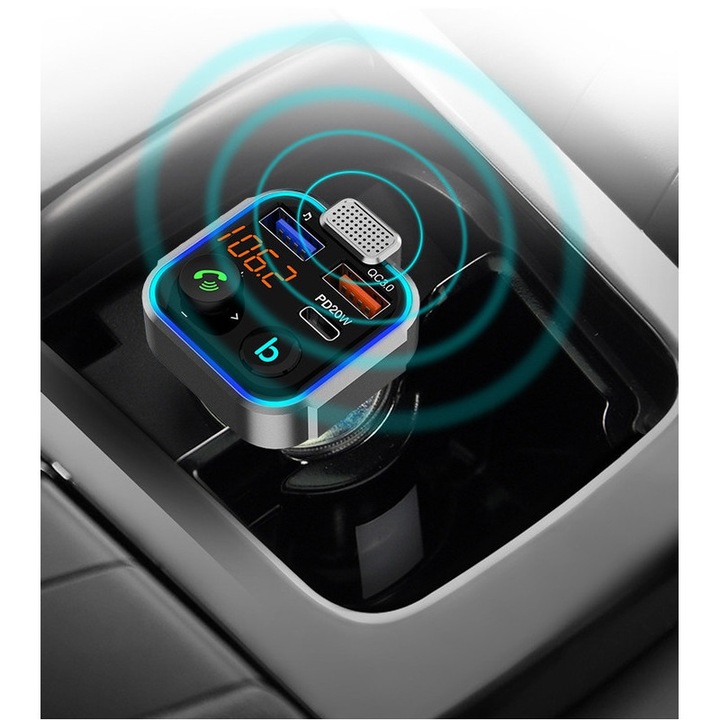 Modulator FM PRO, Chigoods, Bluetooth 5.0, Transmitator FM, incarcator auto Fastcharge 3.0, USB tip C, Negru