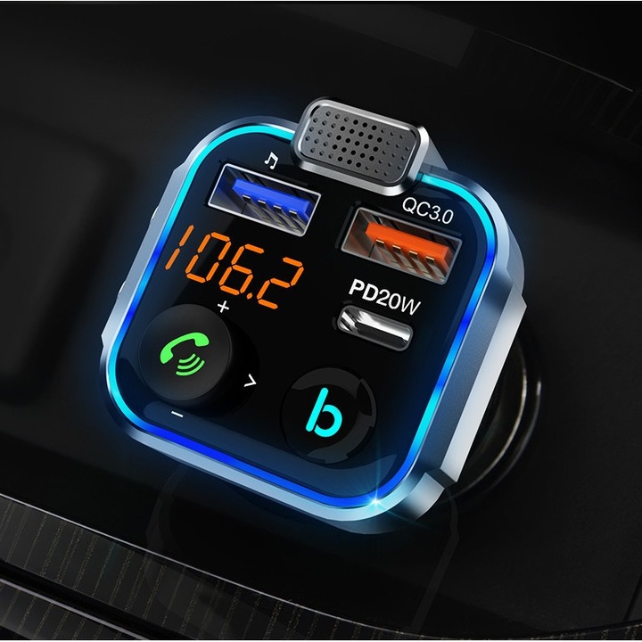 Modulator FM PRO, Chigoods, Bluetooth 5.0, Transmitator FM, incarcator auto Fastcharge 3.0, USB tip C, Negru