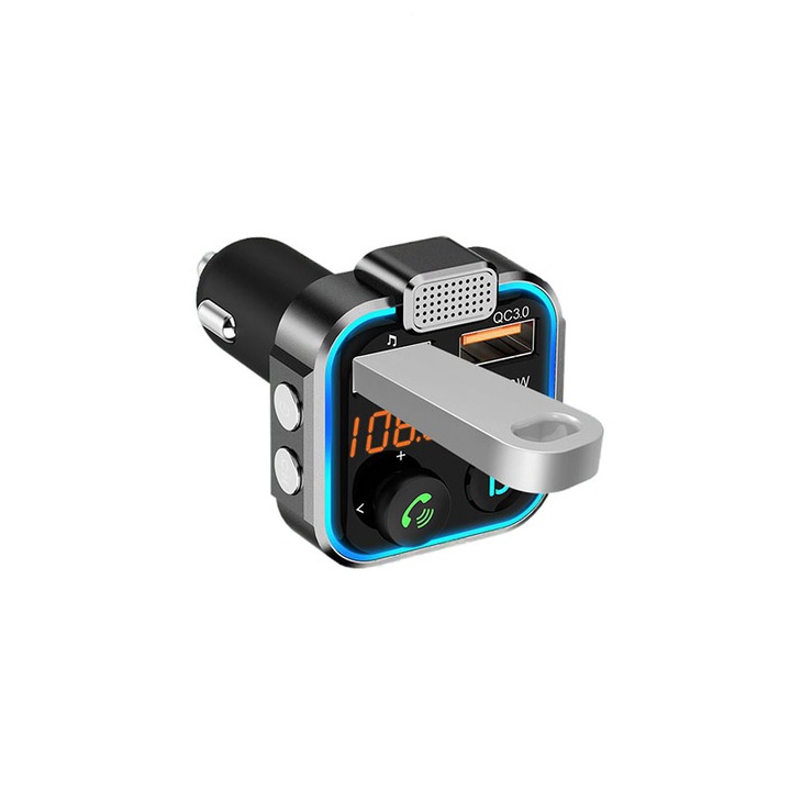 Modulator FM PRO, Chigoods, Bluetooth 5.0, Transmitator FM, incarcator auto Fastcharge 3.0, USB tip C, Negru