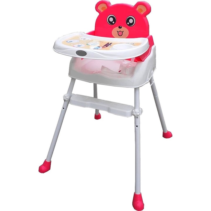 Scaun de masa 3 in 1 pentru copii si bebe NOVOKIDS™ Teddy Bear, Transformabil in scaunel copii, Functie inaltator scaun, 2 trepte de inaltime, Sezut comfortabil, Masuta detasabila, Model Ursulet, Fucsia
