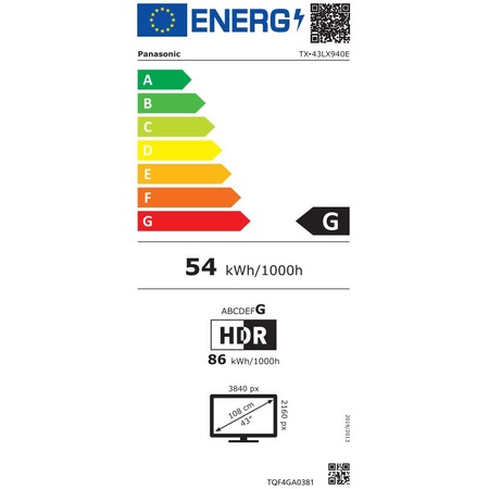 Televizor Panasonic LED TX-43LX940E, 108cm, Smart, 4K Ultra HD, 100Hz, Clasa G