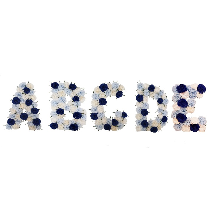 Decor 5 litere volumetrice, alb, bleu si bleumarin, 35x20 cm
