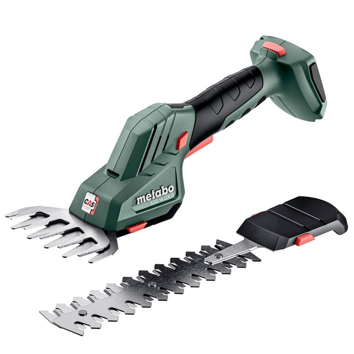 Foarfeca gard viu si iarba Metabo SGS 18 LTX Q, compatibila cu acumulator Li-Power 18V, lungime lama gard viu 20 cm, latime taiere iarba 11.5 cm