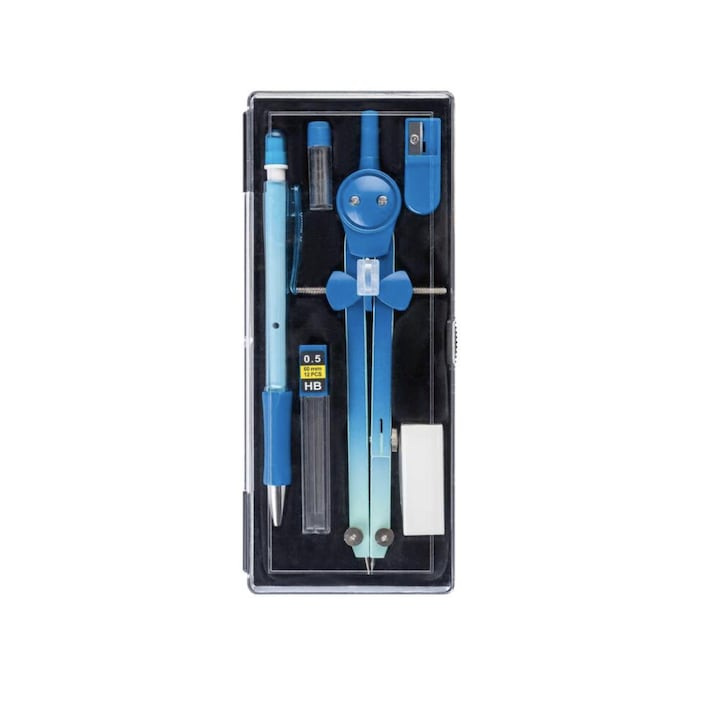 Trusa cu compas reglabil, creion mecanic si accesorii, Albastru-bleu