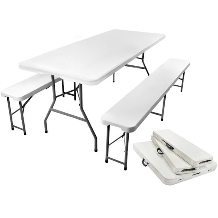Összecsukható Asztalkészlet + 2 Kerti / Terasz / Kerti Pad, Zoco Body Fit, Fém / Műanyag, Fehér