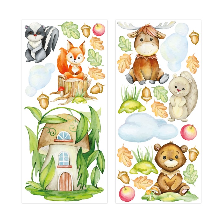 Set stickere decorative perete copii, Colectia Animalutele Padurii, Stickermania, model 2, 120x130 cm