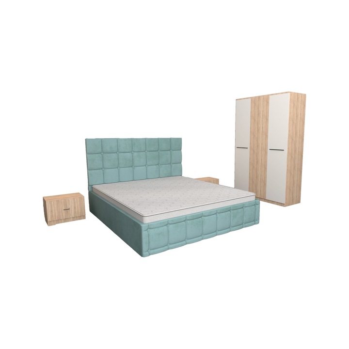 Set Dormitor Regal Turcoaz cu Dulap 3 usi Sonoma Alb 123x192x48 cm, Pat Matrimonial Turcoaz Tapitat din stofa 160 x 200 cm si Noptiere Sonoma 44x32x23 cm