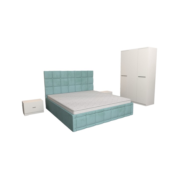 Set Dormitor Regal Turcoaz cu Dulap 3 usi Alb 123x192x48 cm, Pat Matrimonial Turcoaz Tapitat din stofa 160 x 200 cm si Noptiere Albe 44x32x23 cm