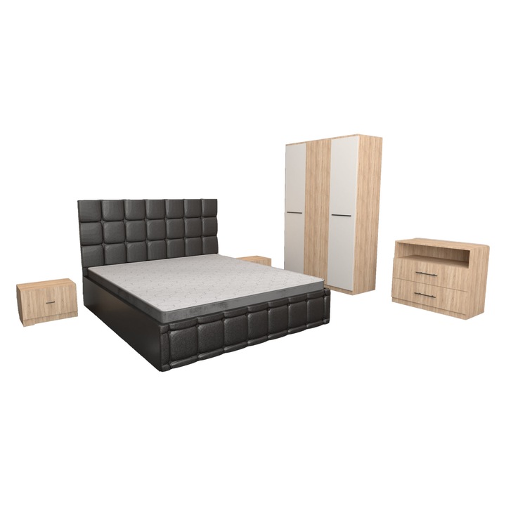Set Dormitor Regal Negru cu Comoda Sonoma 83x42x71, Pat Matrimonial Tapitat Negru din piele 160 x 200 cm, Dulap 3 usi Sonoma Alb 123x192x48 cm si Noptiere Sonoma 44x32x23 cm