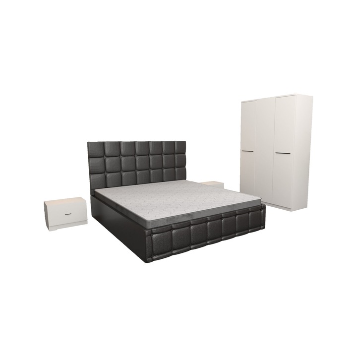 Set Dormitor Regal Negru cu Dulap 3 usi Alb 123x192x48 cm, Pat Matrimonial Negru Tapitat din piele 140 x 200 cm si Noptiere Albe 44x32x23 cm