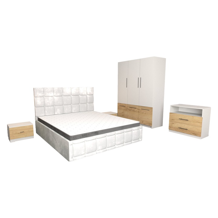 Set Dormitor Regal Alb Stejar Auriu cu Comoda Alba Stejar Auriu 83x42x71, Pat Matrimonial Tapitat Alb din Stofa 160 x 200 cm, Dulap David Alb Stejar Auriu 6 usi 150x200x61 cm cm si Noptiere Sonoma 44x32x23 cm