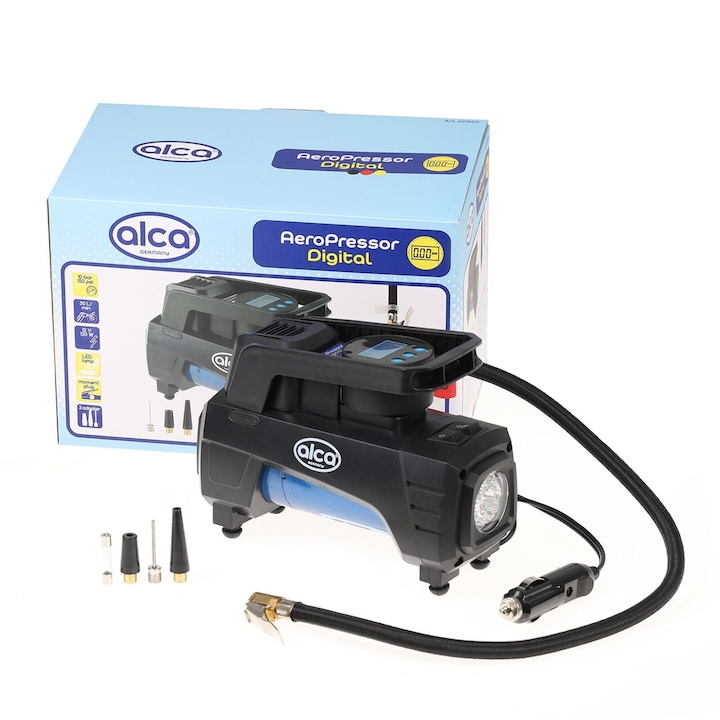 Compresor aer auto 12V, cu lanterna si manometru digital iluminat, 10bar, 30L/minut, AeroPressor Digital 227.60 Alca