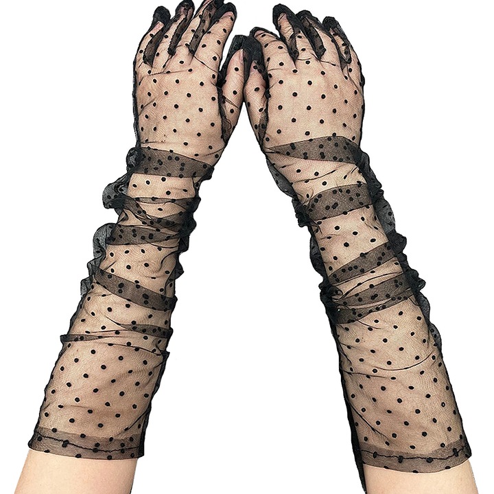 Manusi lungi din plasa tul, marime universala, culoare negru cu buline negre