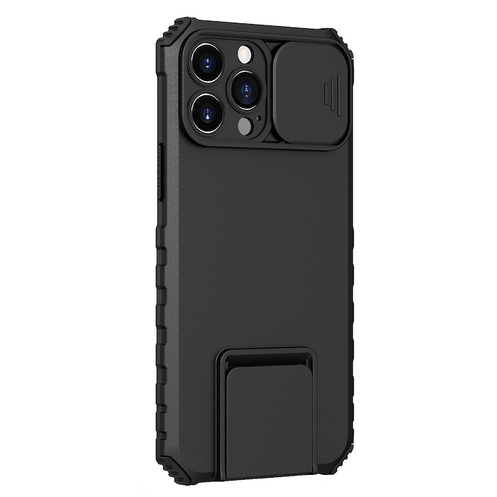 Калъф Defender със стойка за Samsung Galaxy A03, черен, регулируема стойка, удароустойчив, плъзгаща се защита на камерата, Flippy