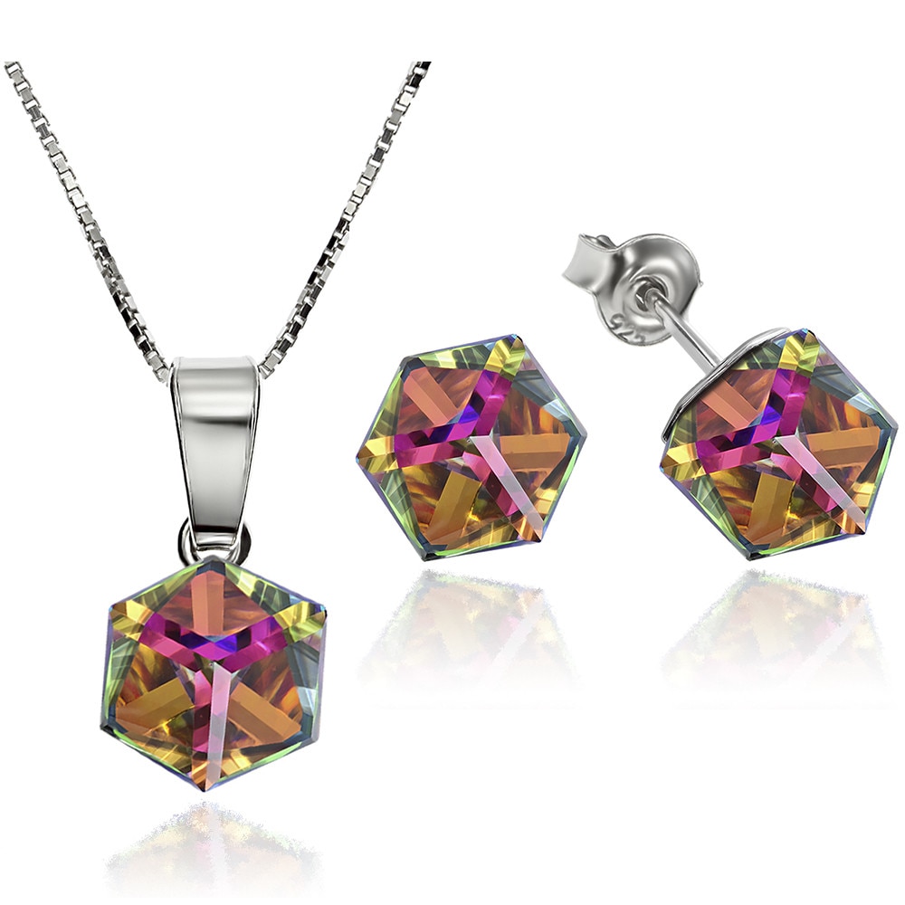 Set Argint 925 placat cu rodiu cu cristale Swarovski® Cubic 6mm, Vitrail Medium, Surub + Lant