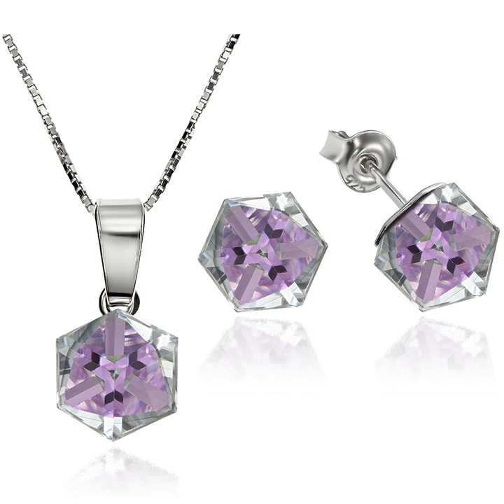 Ezüst 925 szett ródiummal bevonva, Swarovski® kocka kristályokkal 6 mm, Vitrail Light, fülbevaló + lánc