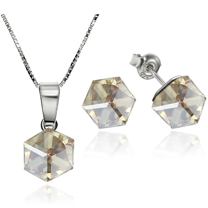 Set Argint 925 placat cu rodiu cu cristale Swarovski® Cubic 6mm, Golden Shadow, Surub + Lant