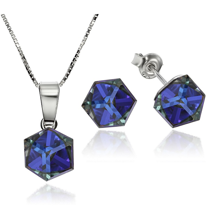 Set Argint 925 placat cu rodiu cu cristale Swarovski® Cubic 6mm, Bermuda Blue, Surub + Lant