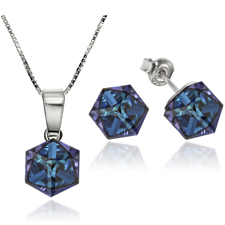 Set Argint 925 placat cu rodiu cu cristale Swarovski® Cubic 6mm, Heliotrope, Surub + Lant
