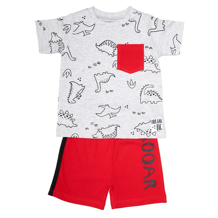 Pijama fete Babybol, bumbac, maneca scurta, imprimeu flamingo, galben, Rosu/Gri