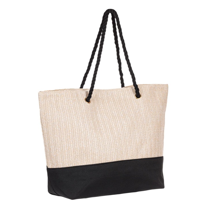 Geanta de plaja moderna, bej negru, manere franghie de 24 cm, buzunar interior, ATS