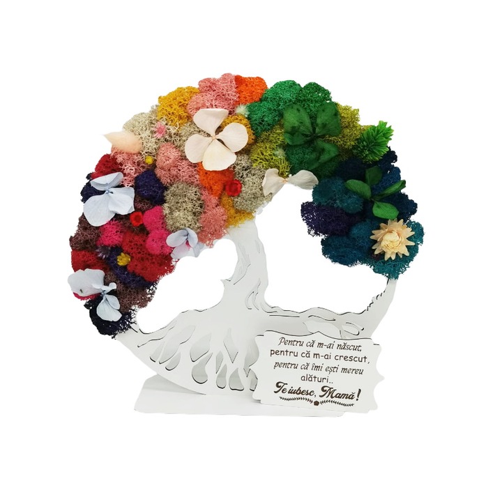 Decoratiune Copacul vietii gravat "Te iubesc, mama", decorat cu licheni si flori uscate si criogenate, Cadou pentru mama, Lemn, 20 cm