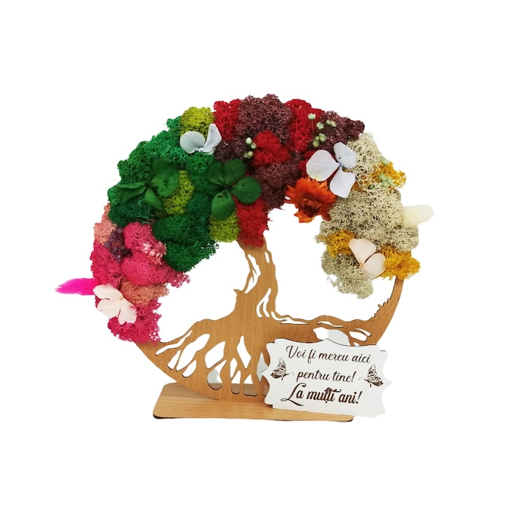 Decoratiune Copacul vietii gravat "La multi ani - Voi fi mereu aici", decorat cu licheni si flori uscate si criogenate, Lemn, 20 cm, Model 2