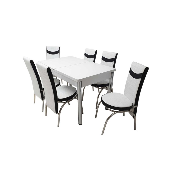 Set masa extensibila Aris alb cu 6 scaune din piele ecologica Star, dreptunghiulara, blat din PAL laminat, picioare din metal cromat, alb/negru, 130x78x80 cm