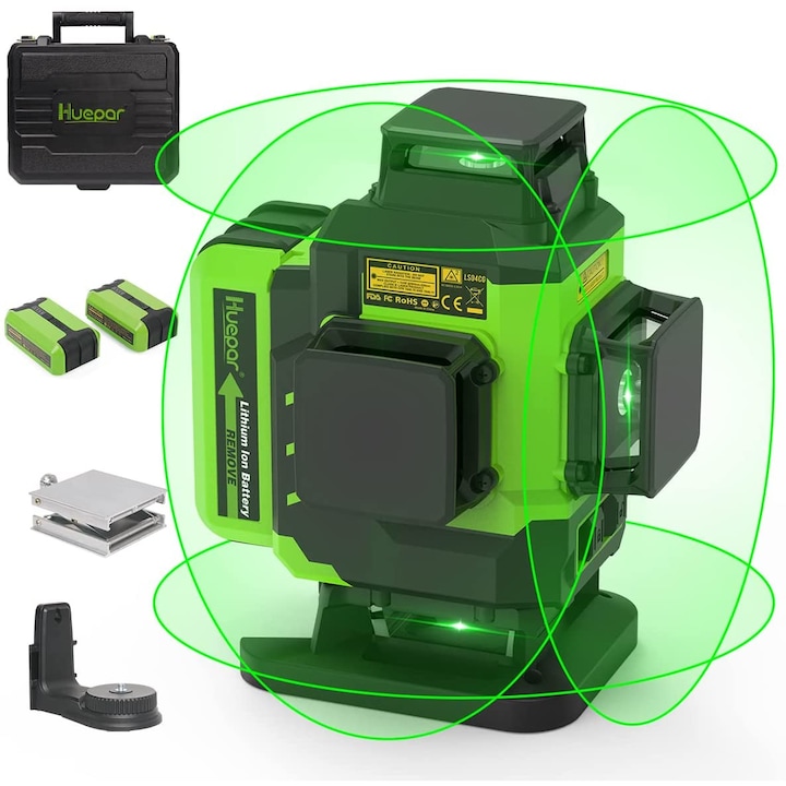Nivela laser Huepar LS04CG 4D cu autonivelare, fascicul verde 4D, linie incrucisata, pentru pardoseli, doua baterii Li-ion si cutie de transport dur