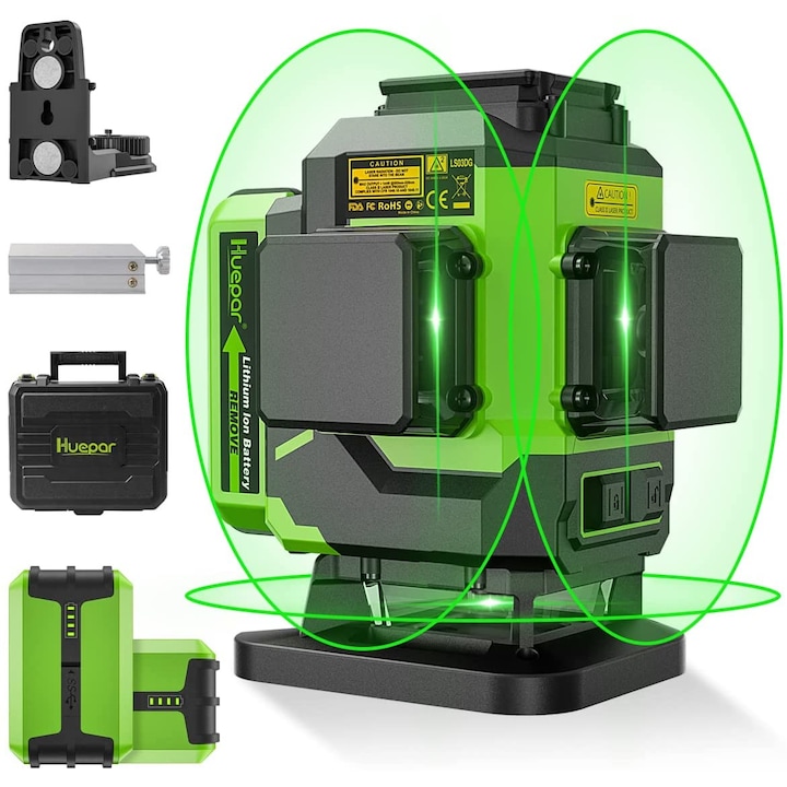 Nivela laser Huepar LS03DG, 3D, fascicul verde cu autonivelare 3x360° pentru podea, 2 baterii Li-ion cu port de incarcare tip C, suport magnetic si carcasa rigida de transport