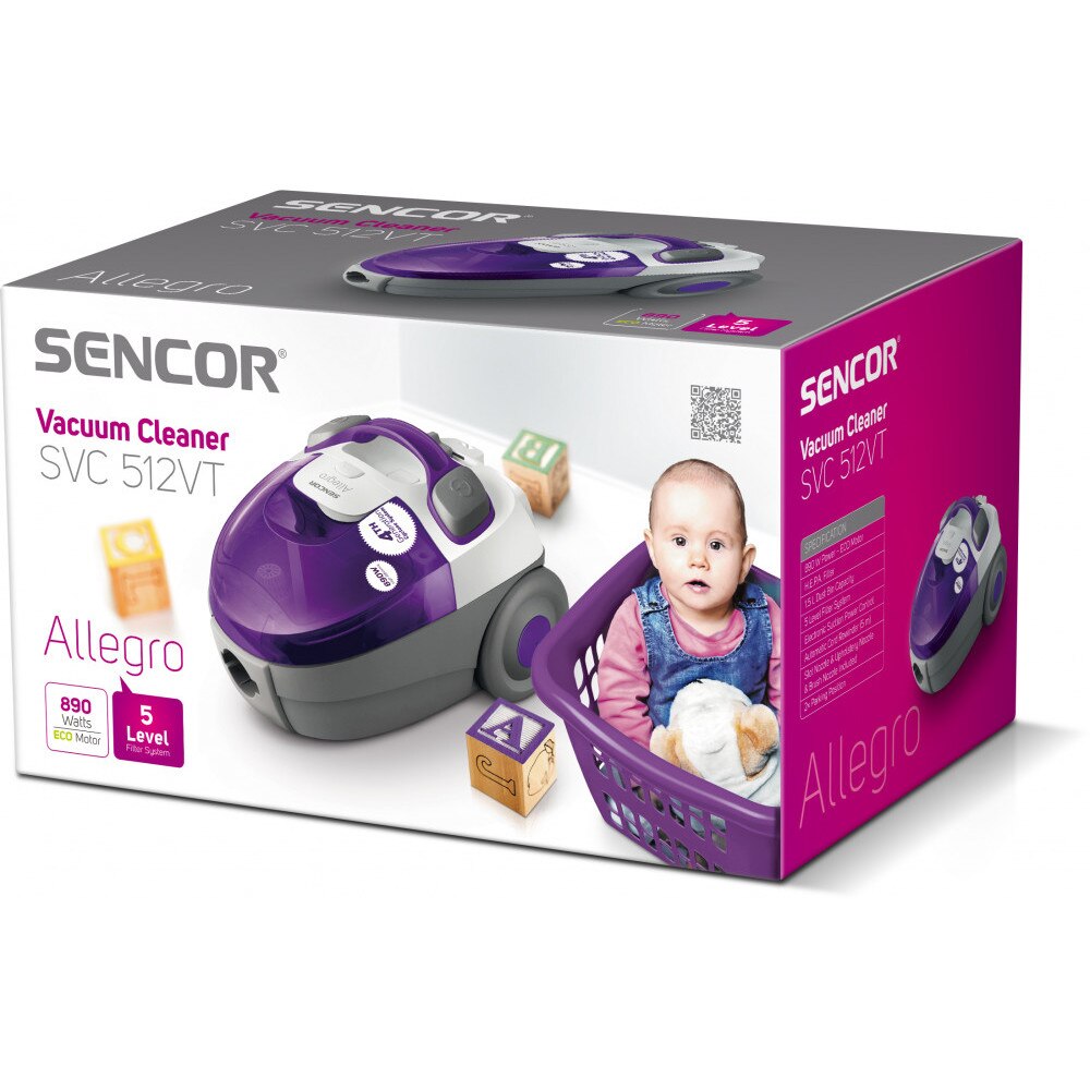 Aspirator fara sac SENCOR SVC 512VT-EUE2, 890W ECO, 76dB, recipient 1.5L, violet