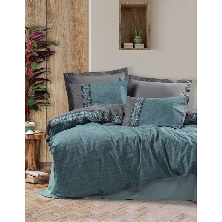 Set Lenjerie pat dublu bumbac 100% ranforce cu broderii, 4 piese, 240 x 260 cm, Cotton Box, Folk Art Erna Petrol Blue