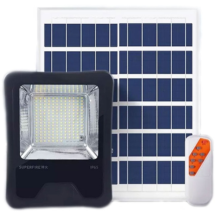 Proiector LED solar Superfire FF1-D, panou solar, senzor lumina, telecomanda, 166W, 1400 lm, 20000 mAh, IP65
