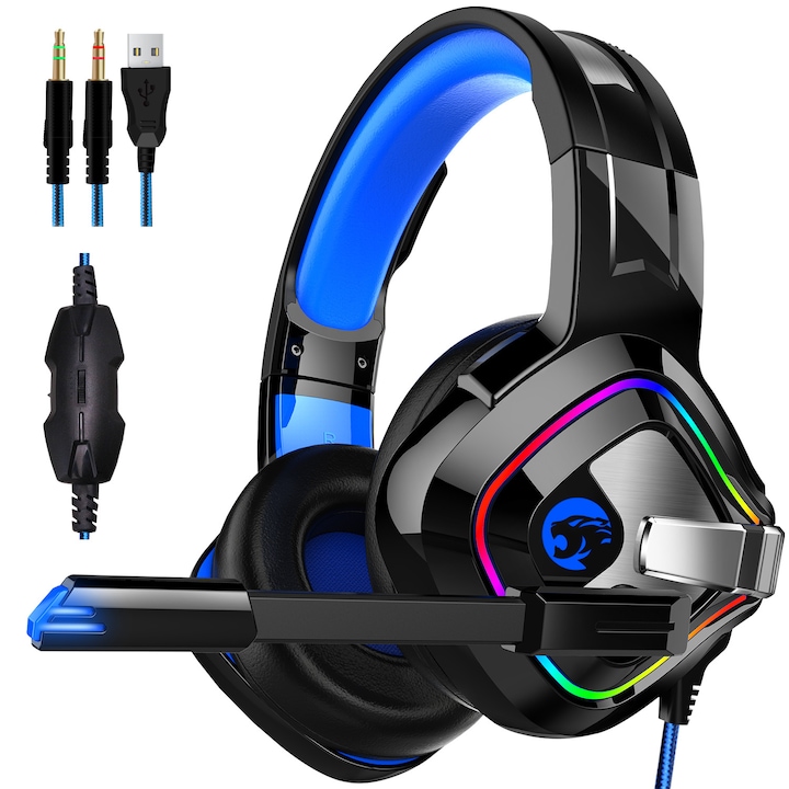 Геймърски слушалки Ziumier, съраунд звук, LED светлина, микрофон с анулиране на фоновия шум, за компютър, PS4, PS5, Xbox One, лаптоп