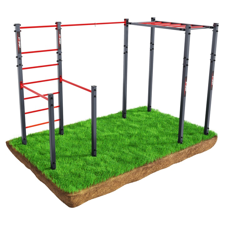 Statie De Antrenament Cu Bara K-SPORT, KSOZ 006, Street Workout, Set Multifunctional Pentru Antrenament In Aer Liber, Calistenica, 201,5 cm, Latimea Barei 114 cm, Sarcina Maxima 175 kg, Gri/Rosu