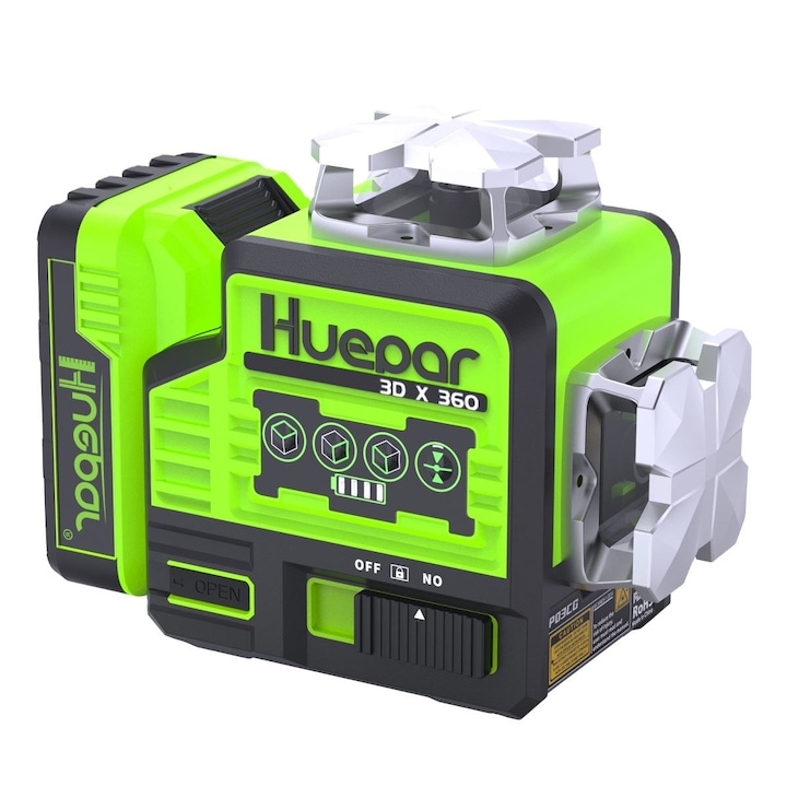 Nivela laser Huepar P03CG autonivelare 3D, fascicul verde auto-nivelabil cu 12 linii, nivelare 3*360°, cu telecomanda, functie bluetooth si geanta rigida de transport