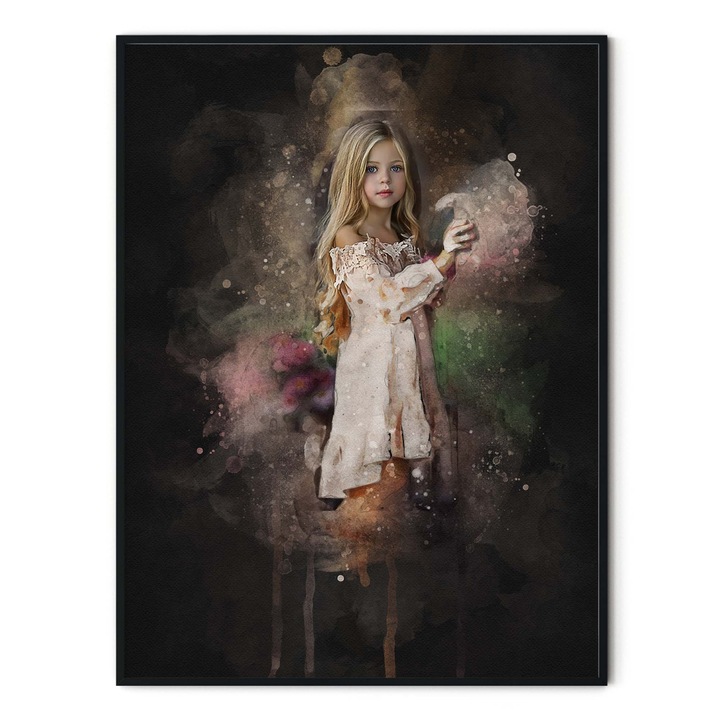 Tablou personalizat, Intaglio, cu poza si text, acuarela, rama lemn, cadou pentru fetita 40x30cm