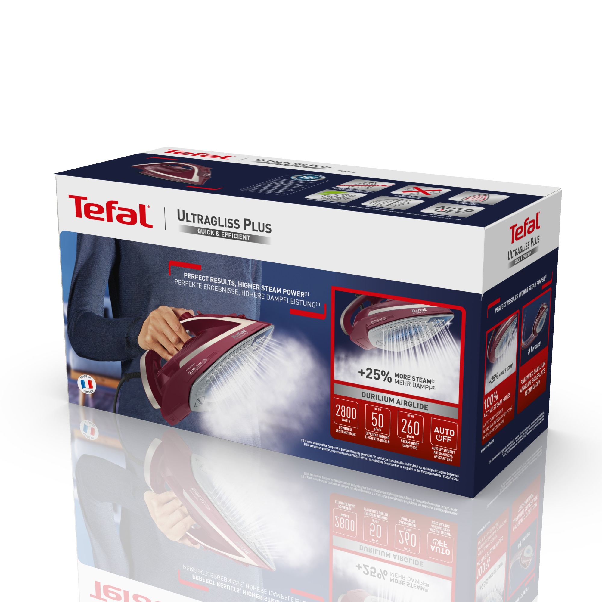 Fier de calcat TEFAL UltraGliss Plus FV6820E0, 2800W, 260g/min, 270ml, talpa Durilium AirGlide, Visiniu-Alb