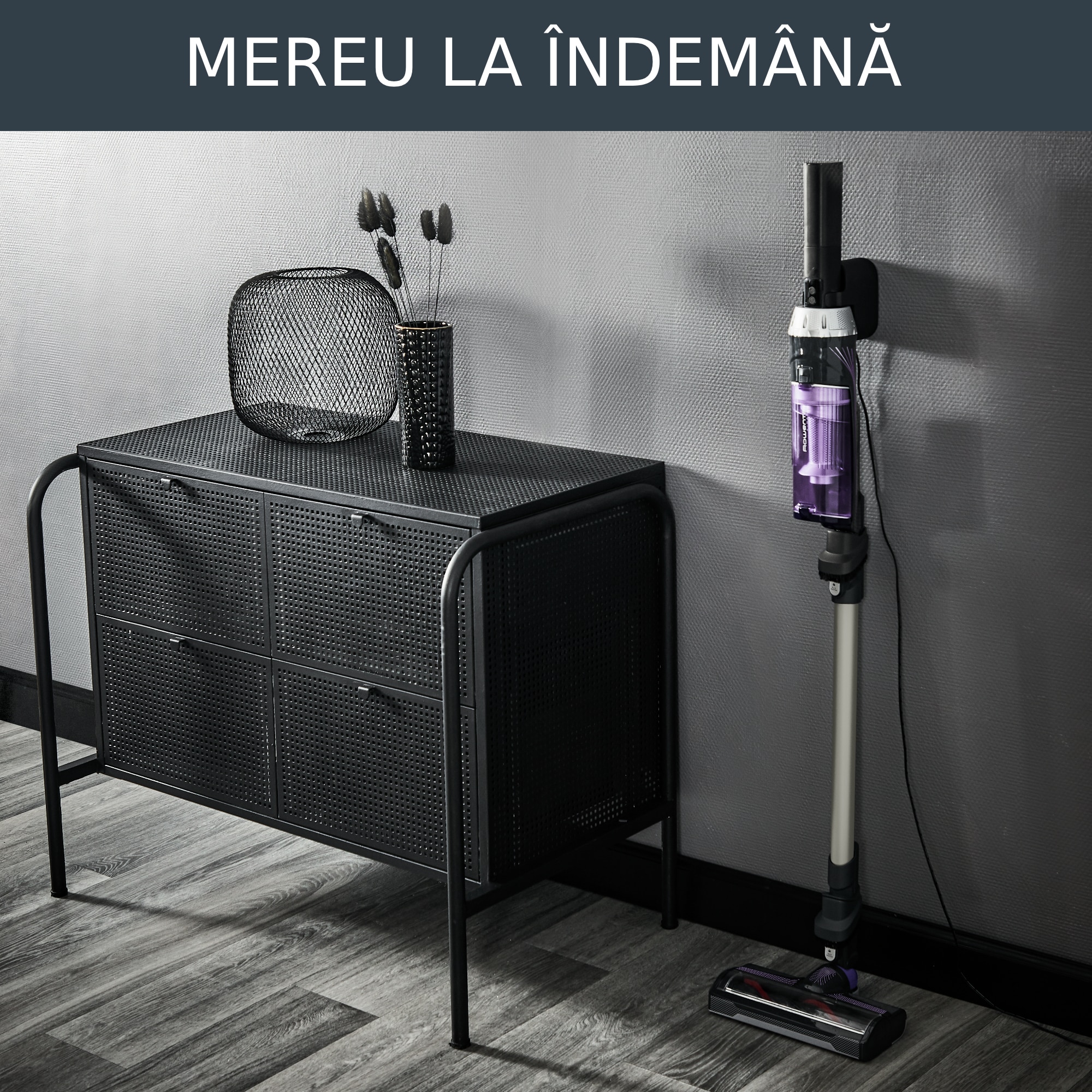 Aspirator vertical fara fir Rowenta X-Nano RH1128WO, 100W, 16.8V, autonomie 40 min, filtrare 94%, recipient praf 0.4 L, suport de perete cu incarcare, tehnologie ciclonica, negru & violet