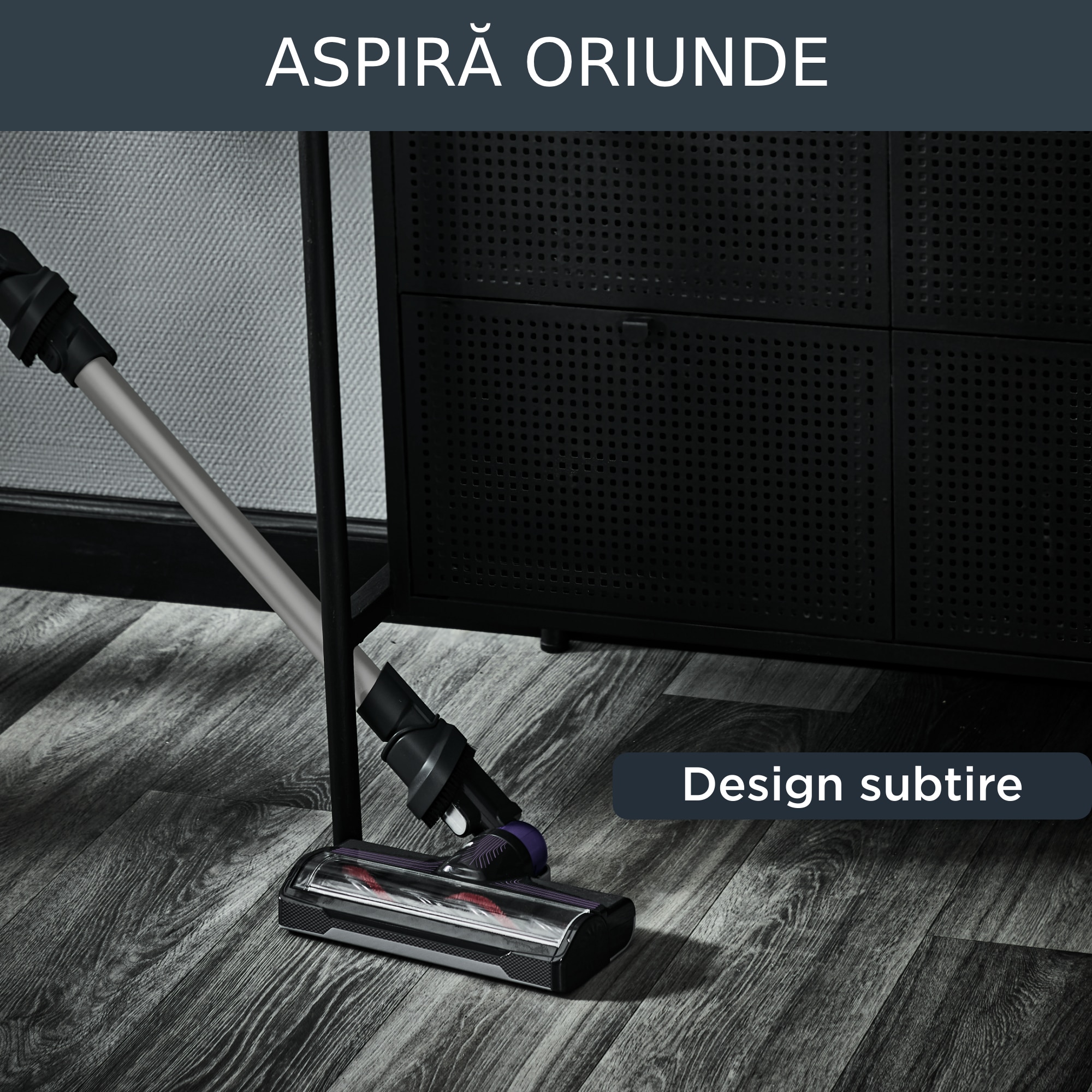 Aspirator vertical fara fir Rowenta X-Nano RH1128WO, 100W, 16.8V, autonomie 40 min, filtrare 94%, recipient praf 0.4 L, suport de perete cu incarcare, tehnologie ciclonica, negru & violet