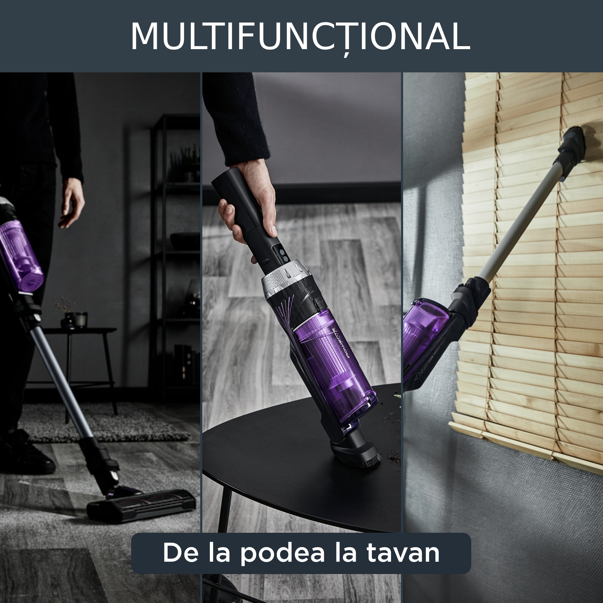 Aspirator vertical fara fir Rowenta X-Nano RH1128WO, 100W, 16.8V, autonomie 40 min, filtrare 94%, recipient praf 0.4 L, suport de perete cu incarcare, tehnologie ciclonica, negru & violet