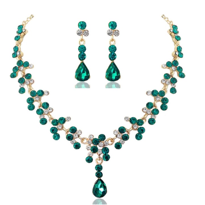 Set bijuterii pentru femei, GMO, Wedding Safir Cristal, colier si cercei, forma muguri, verde