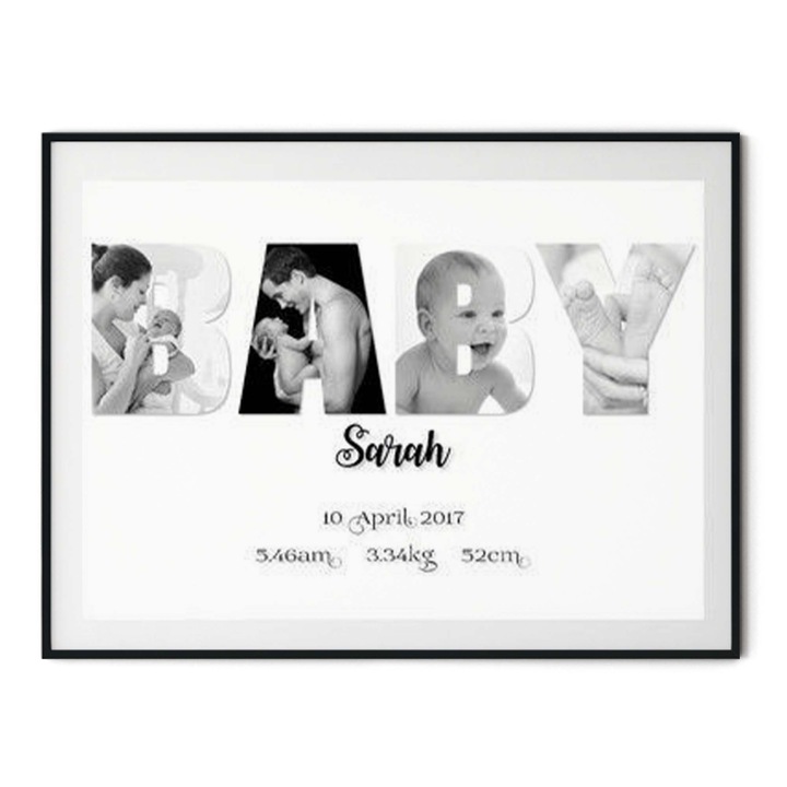 Tablou personalizat, Intaglio, cu poze si text, colaj nume, rama lemn, cadou pentru bebe 91x61cm