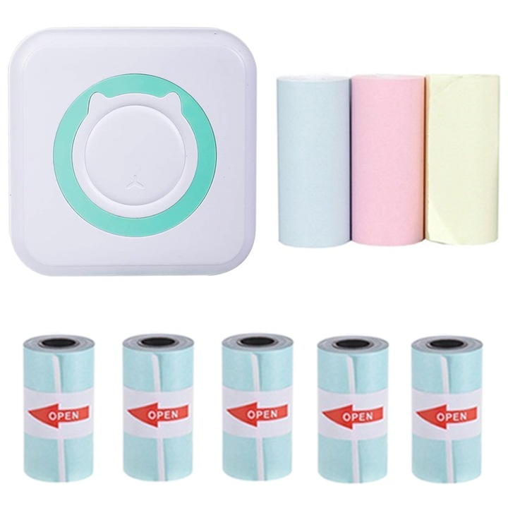 Set mini imprimanta termica, Vaxiuja, Bluetooth, Compatibil cu iOS/Android, 57x25mm, Alb/Albastru
