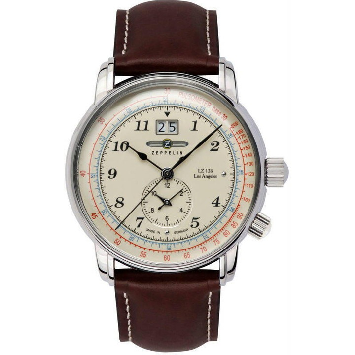 Ceas barbatesc Zeppelin 8644-5, Quartz, 43mm, 5ATM, Argintiu, Crem, Maro