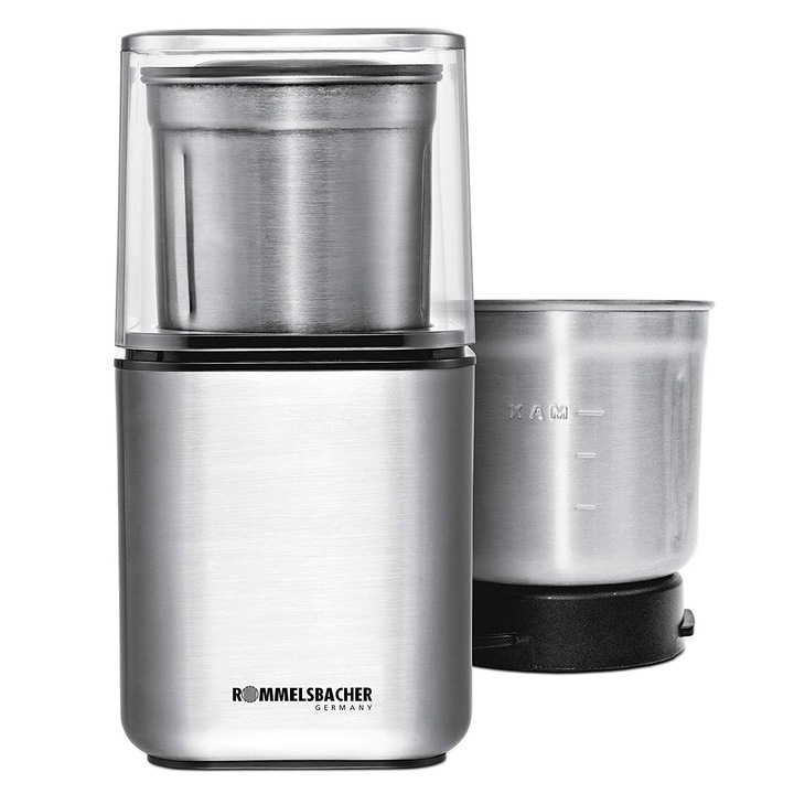 Мелница Rommelsbacher EGK200, За кафе и подправки, Капацитет на пълнене 70 g, 2 контейнера за мелене от неръждаема стомана, 200 W